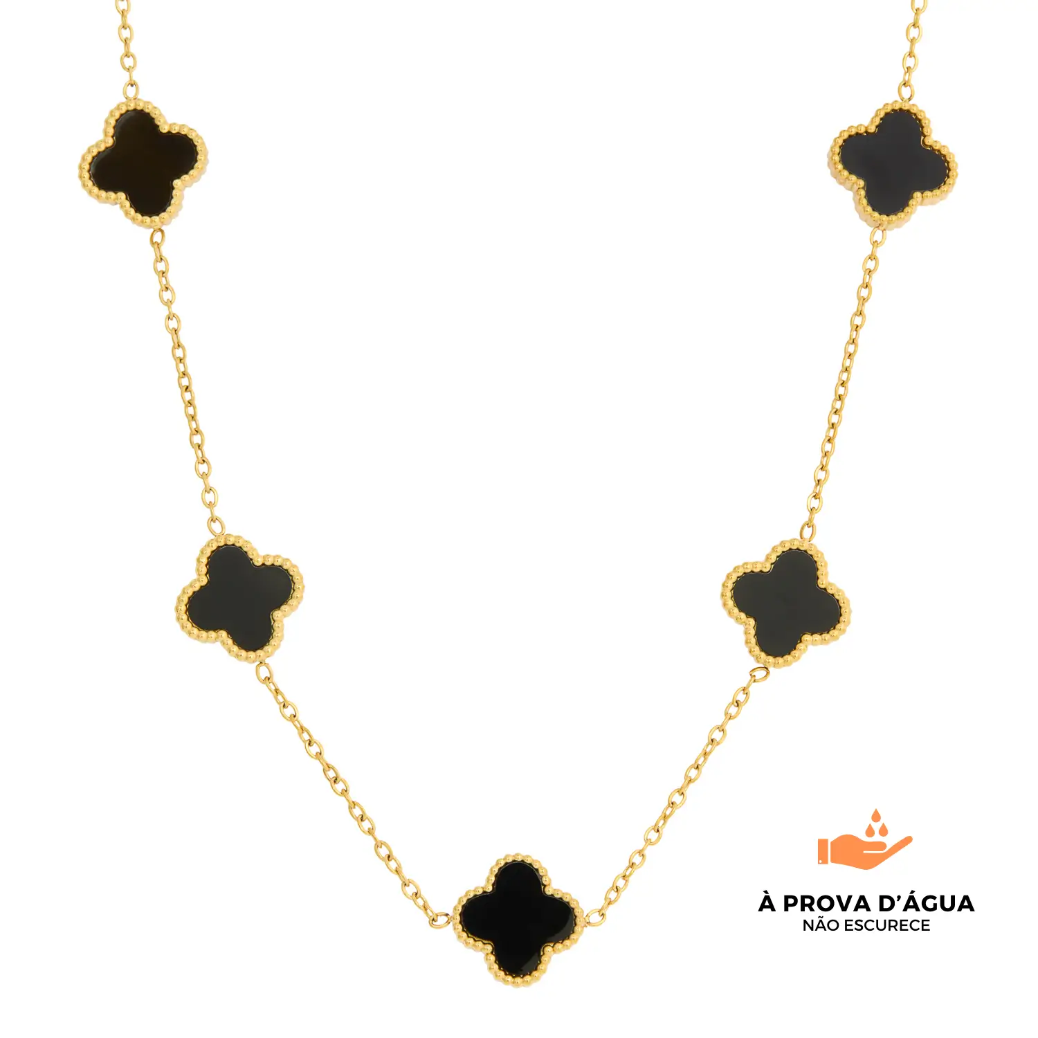 Colar Trevo Preto Banhado em Ouro 18K