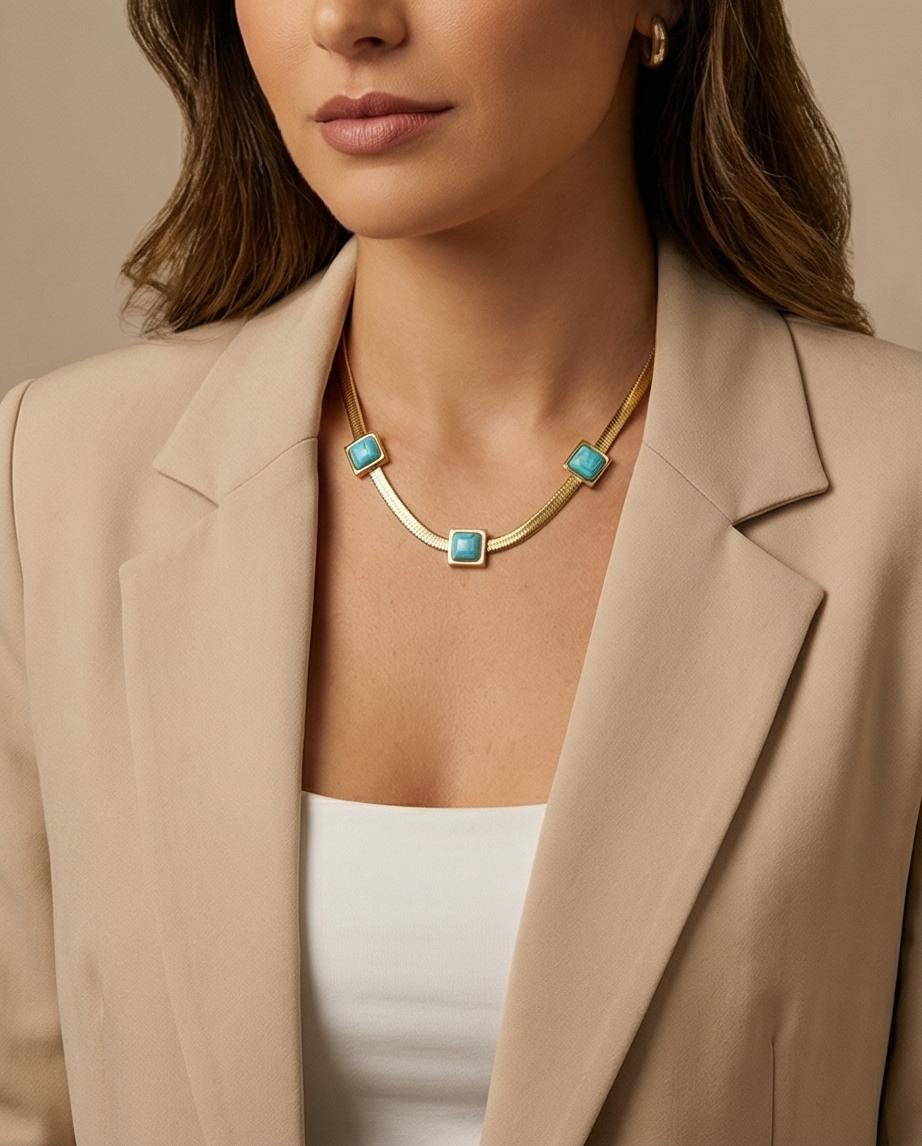 Colar Malha Pedra Aqua Banhado em Ouro 18K - Imagem 4