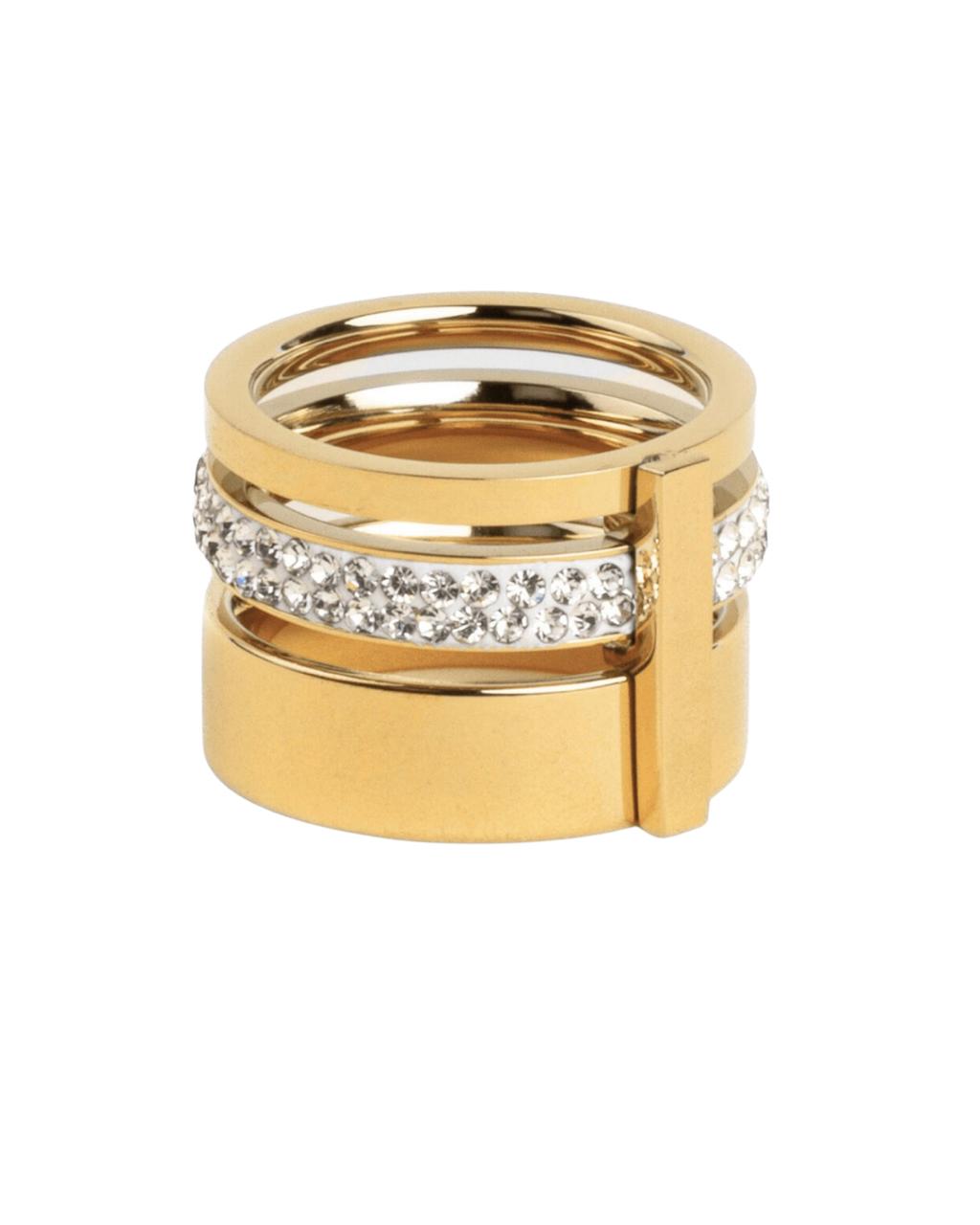 Anel Triplo com Fileira de Pedras Brilhantes Banhado em Ouro 18k