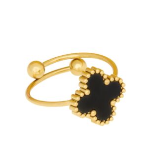 Anel de Trevo Preto Regulável Banhado em Ouro 18k