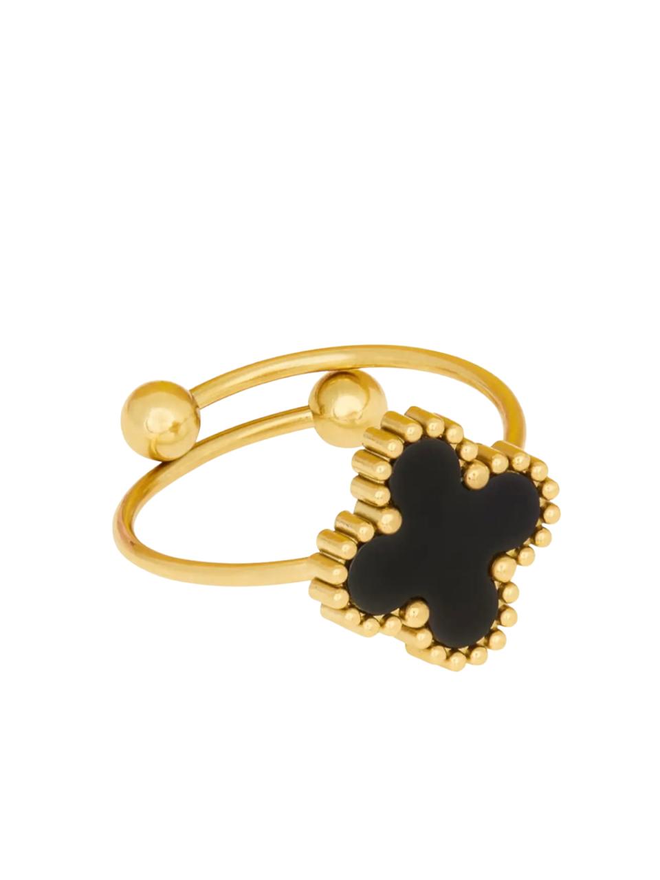 Anel de Trevo Preto Regulável Banhado em Ouro 18k