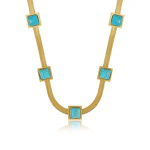 Colar Malha Pedra Aqua Banhado em Ouro 18K