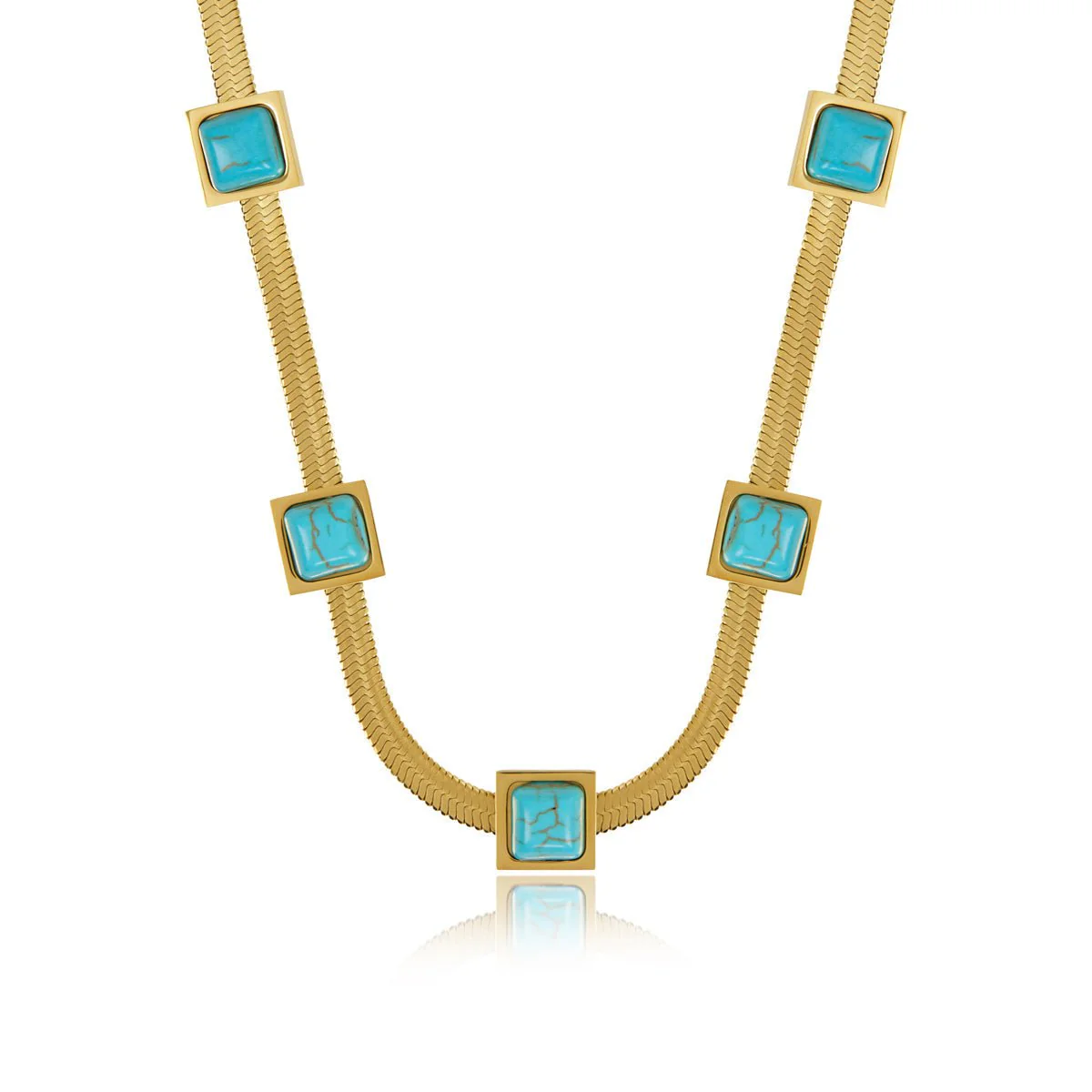 Colar Malha Pedra Aqua Banhado em Ouro 18K